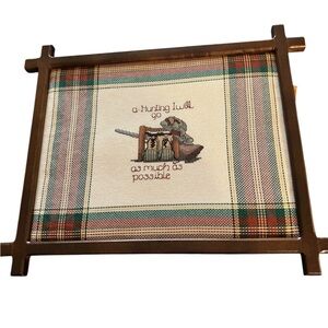 VTG Cross Stitch Wood Framed Plaid Hunting Boots Camo Hat Rifle Pic 14.5X14”